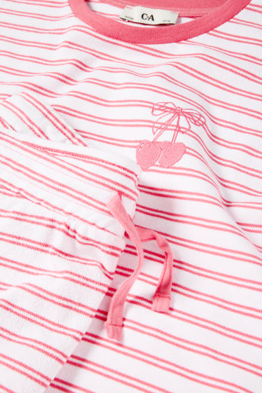 Children Girls - Cherry - terry cloth short pyjamas - 2 piece - striped - white / red