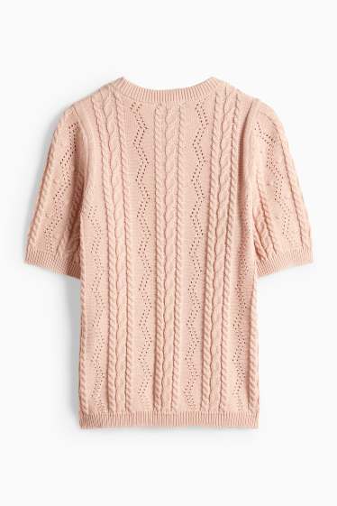 Donna - Maglione - a maniche corte - motivo a treccia - rosa