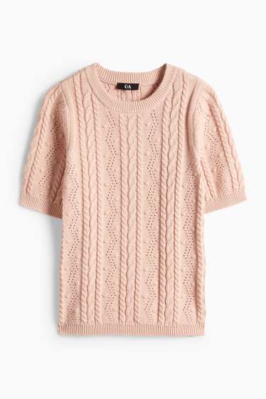 Donna - Maglione - a maniche corte - motivo a treccia - rosa