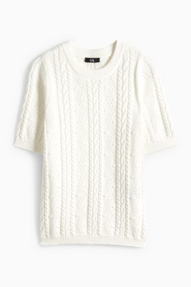 Donna - Maglione - a maniche corte - motivo a treccia - bianco