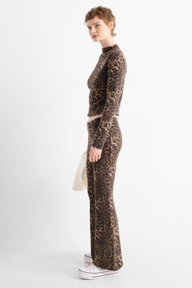 Donna - Leggings svasati - a coste - stampa leopardata - marrone scuro