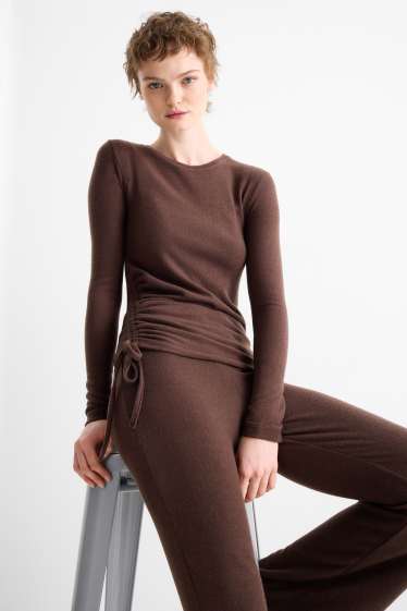 Dámské - Tričko s dlouhým rukávem - slim fit - tmavohnědá