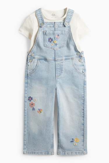 Kinder Mädchen - Blume - Set - Kurzarmshirt und Jeans-Latzhose - 2 teilig - helljeansblau