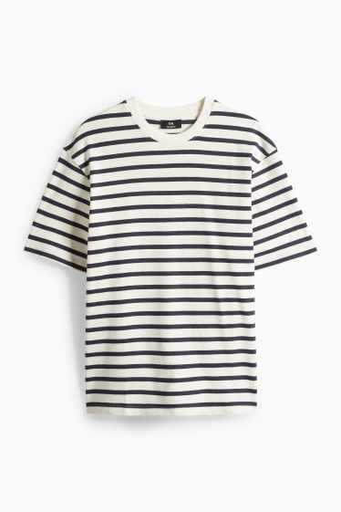 Pánské - Tričko - relaxed fit - pruhované- strukturované - krémově bílá