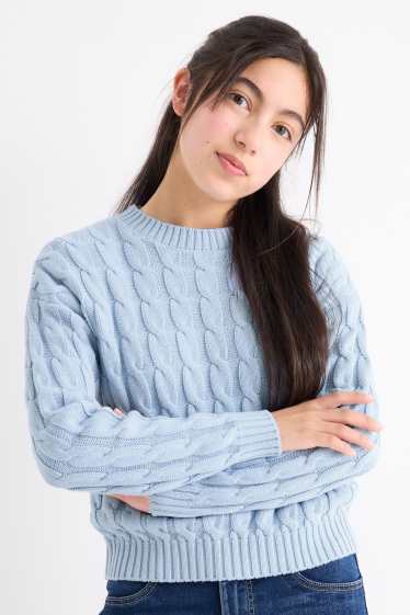 Children Girls - Jumper - cable knit pattern - light blue