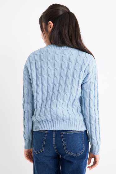 Children Girls - Jumper - cable knit pattern - light blue