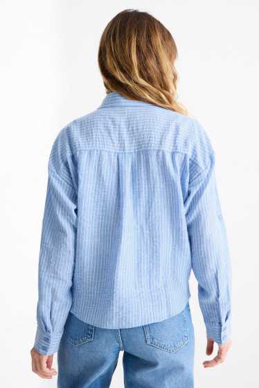 Dames - Blouse met knoop in de stof - gestreept - blauw