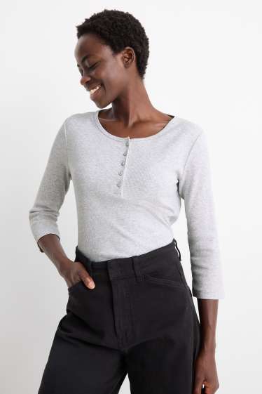 Women - Henley T-shirt - slim fit - ribbed - light gray-melange