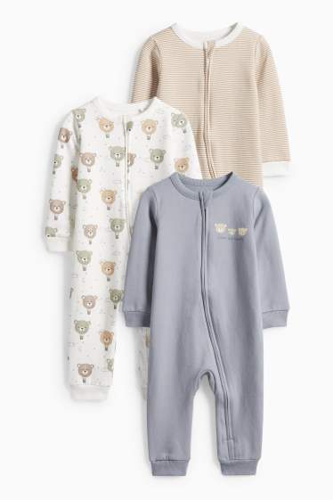 Unisex - Set van 3 - teddybeer - babypyjama - wit / grijs