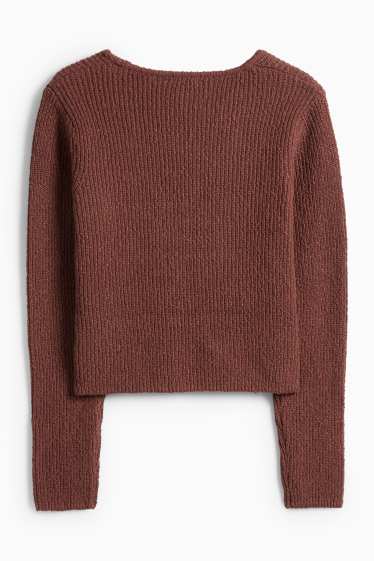 Women - Cardigan - ribbed - dark brown