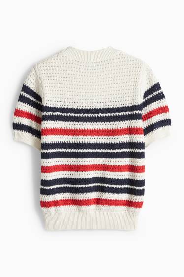 Dames - Gebreide trui - korte mouwen - gestreept - crème wit