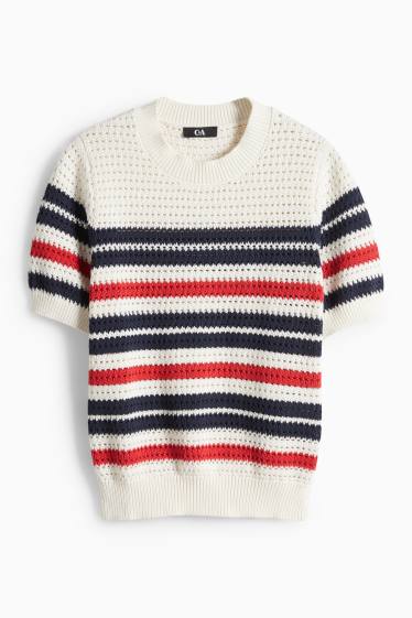 Dames - Gebreide trui - korte mouwen - gestreept - crème wit
