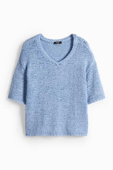 Dámské - Pletený svetr - s krátkým rukávem - světle modrá