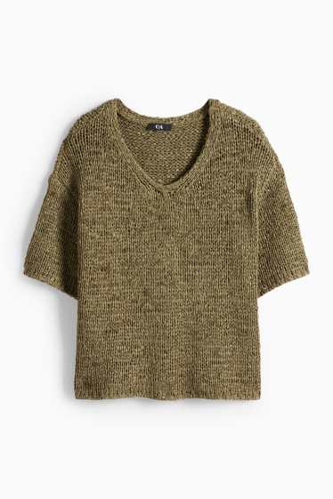 Femei - Pulover tricotat - mânecă scurtă - verde închis