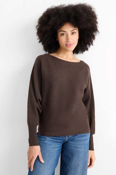 Dámské - Svetr - žebrovaný - tmavohnědá
