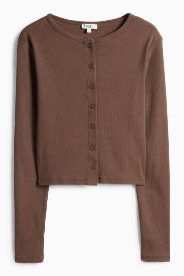 Dámské - Krátké tričko s dlouhým rukávem - slim fit - žebrované - tmavohnědá