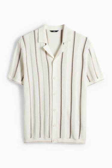 Pánské - Pletená košile - regular fit - klopový límec - pruhovaná - krémově bílá