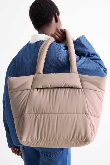 Dámské - Velká prošívaná kabelka shopper s odnímatelným popruhem - taupe