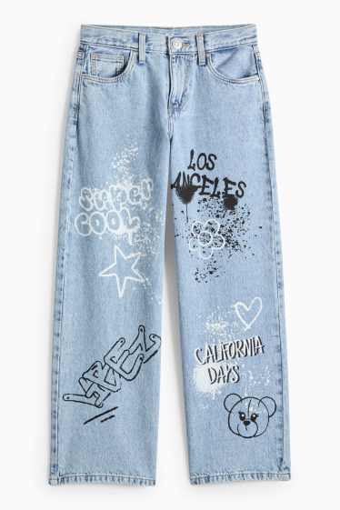 Děti - dívky - Graffiti - wide leg jeans - džíny - světle modré