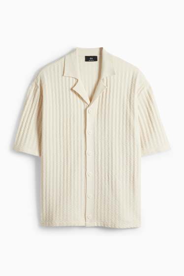 Men - Knitted shirt - regular fit - lapel collar - textured - light beige
