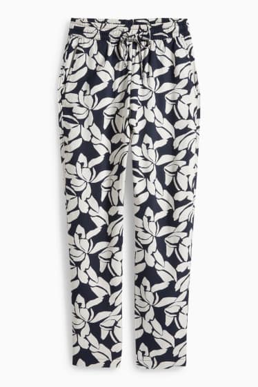 Damen - Stoffhose - High Waist - Tapered Fit - geblümt - dunkelblau / cremeweiss