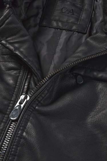 Hommes - Blouson motard à capuche - matière synthétique - noir