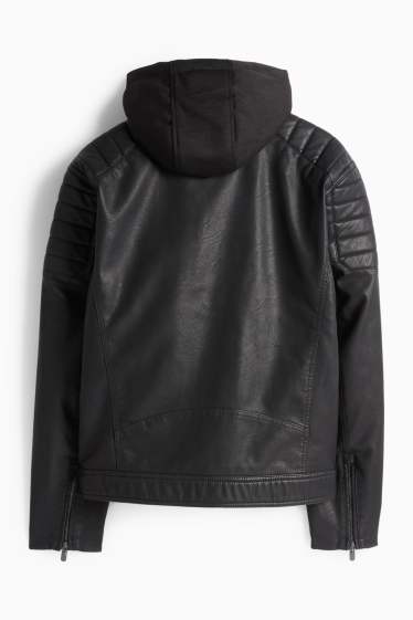 Hommes - Blouson motard à capuche - matière synthétique - noir
