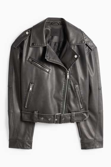 Dames - Bikerjack met ceintuur - imitatieleer - zwart