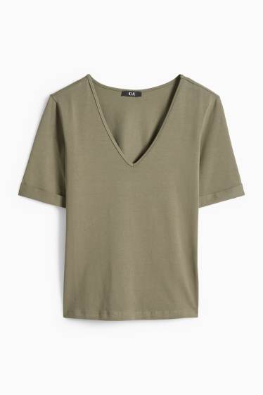 Women - V-neck T-shirt - slim fit - dark green