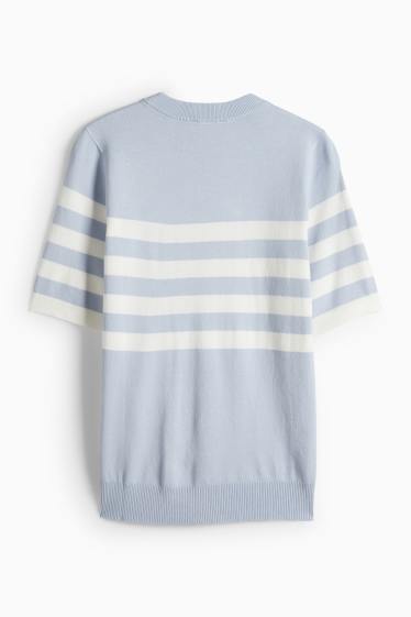 Women - Knitted jumper - short sleeve - striped - white / light blue