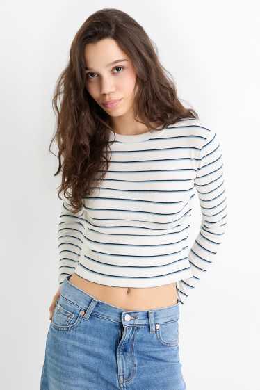 Damen - Langarmshirt - Slim Fit - gerippt - gestreift - blau / weiss