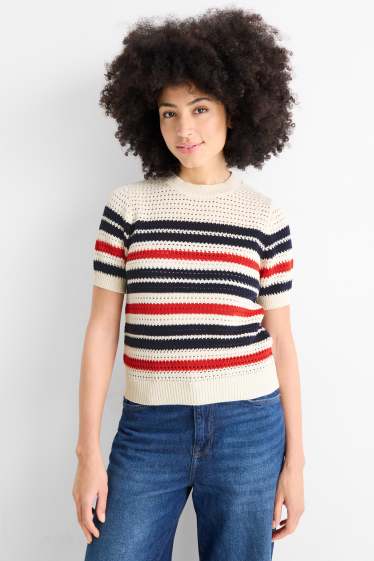 Dames - Gebreide trui - korte mouwen - gestreept - crème wit
