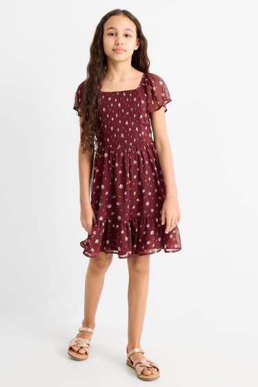Kinder Mädchen - Chiffon-Kleid - geblümt - gesmokt - bordeaux