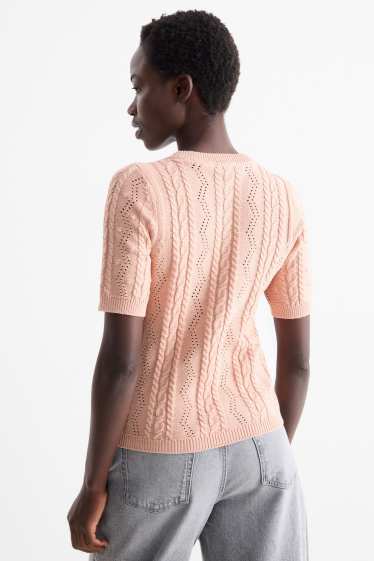 Donna - Maglione - a maniche corte - motivo a treccia - rosa