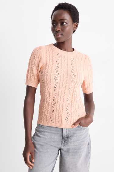 Donna - Maglione - a maniche corte - motivo a treccia - rosa
