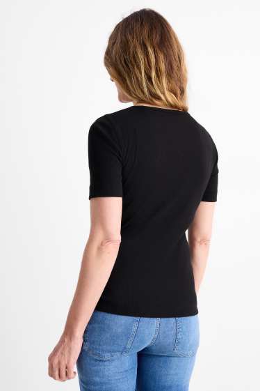 Dámské - Tričko - slim fit - žebrované - černá