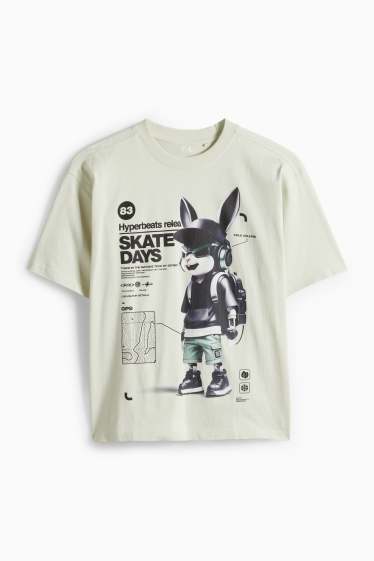 Children Boys - Bunny rabbit - short sleeve T-shirt - black / beige