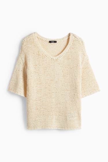 Damen - Strickpullover - kurzarm - hellbeige
