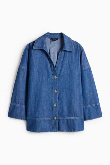 Women - V-neck denim blouse - denim-dark blue