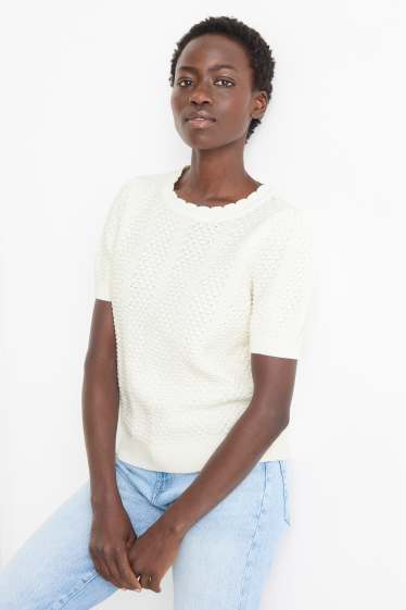 Women - Knitted jumper - short sleeve - textured - white