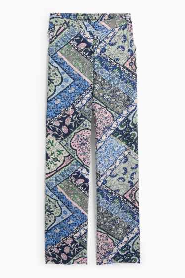 Dámské - Plátěné kalhoty - mid waist - wide leg - se vzorem - tmavomodrá