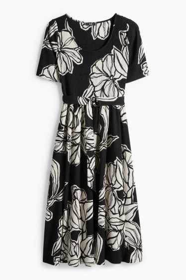 Damen - Fit & Flare Kleid mit Gürtel - geblümt - strukturiert - schwarz / beige