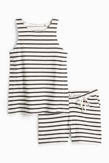 Damen - Still-Shorty-Pyjama - gestreift - strukturiert - weiß / schwarz