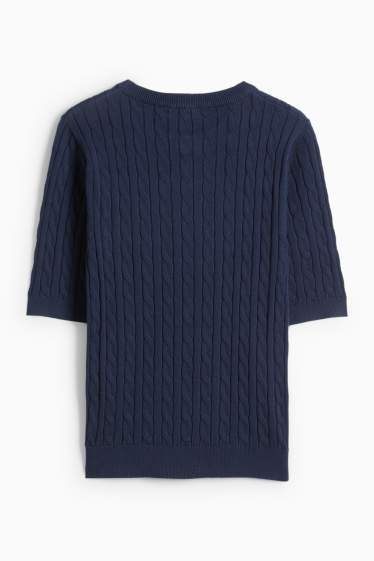 Femmes - Pull en maille - manches courtes - motif tressé - bleu foncé