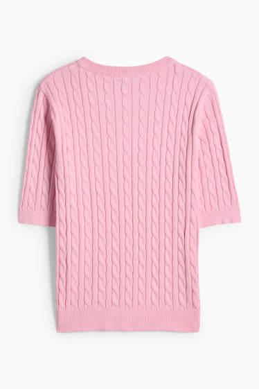 Femmes - Pull en maille - manches courtes - motif tressé - rose
