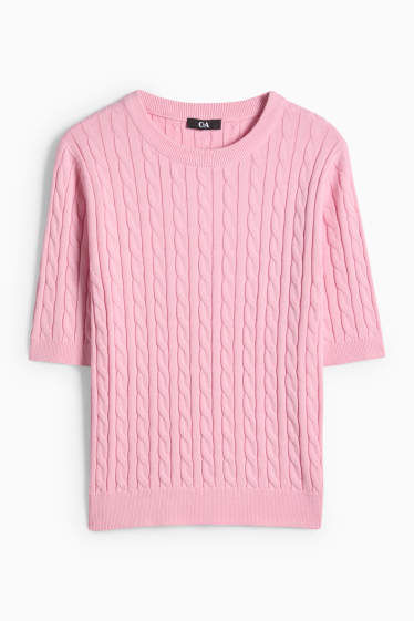 Femmes - Pull en maille - manches courtes - motif tressé - rose