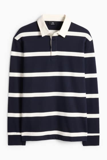 Heren - Poloshirt met lange mouwen - relaxed fit - gestreept - donkerblauw / wit