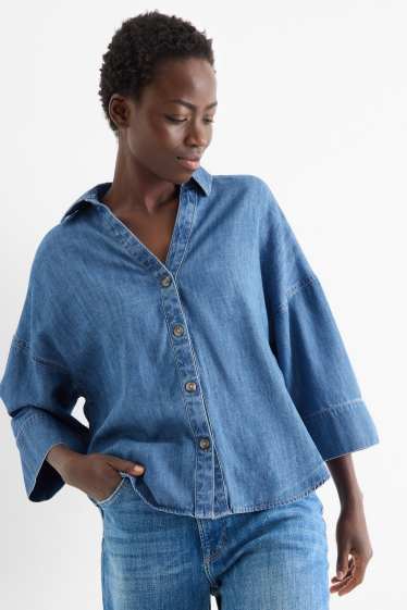Damen - Jeansbluse mit V-Ausschnitt - jeansblau