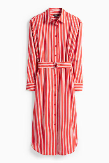 Femmes - Robe-chemisier à ceinture - à rayures - rouge