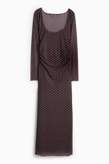 Dámské - Šaty ze síťovaného materiálu - puntíkované - tmavohnědá